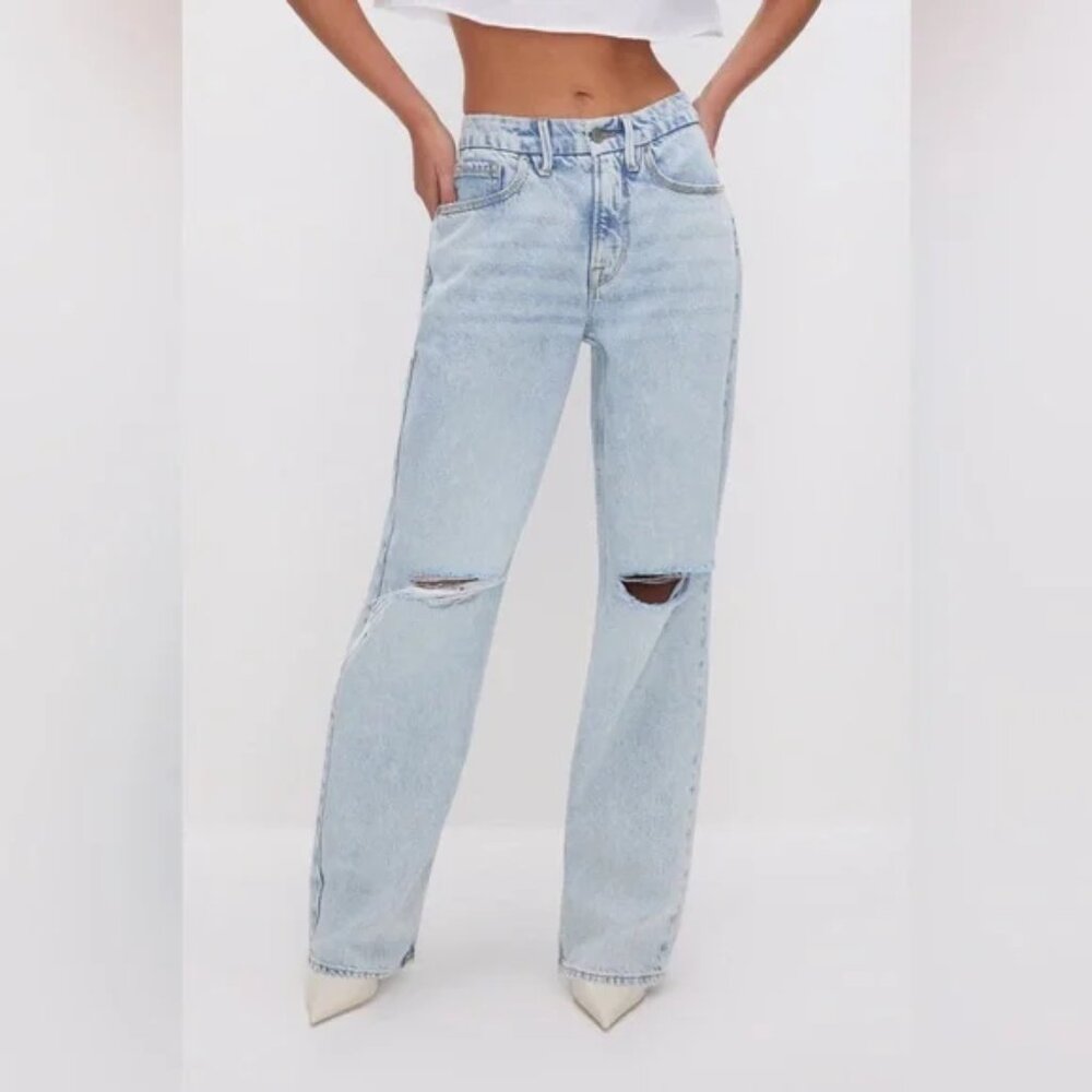Good American Good 90's Relaxed Jean High Rise Distressed Straight Leg Size 6/28